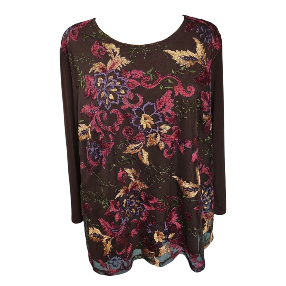 Liz Claiborne Woman 1X Blouse Black Floral Embroidered Top